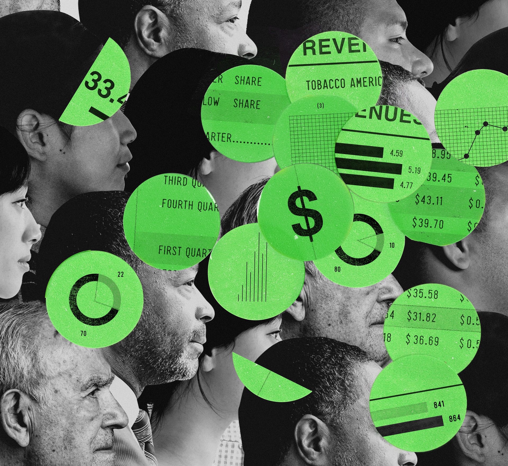 Imagen de muchas personas cubiertas por círculos verdes con datos y estadísticas