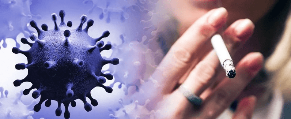 blue molecular ball and close up of a hand holding a cigarette