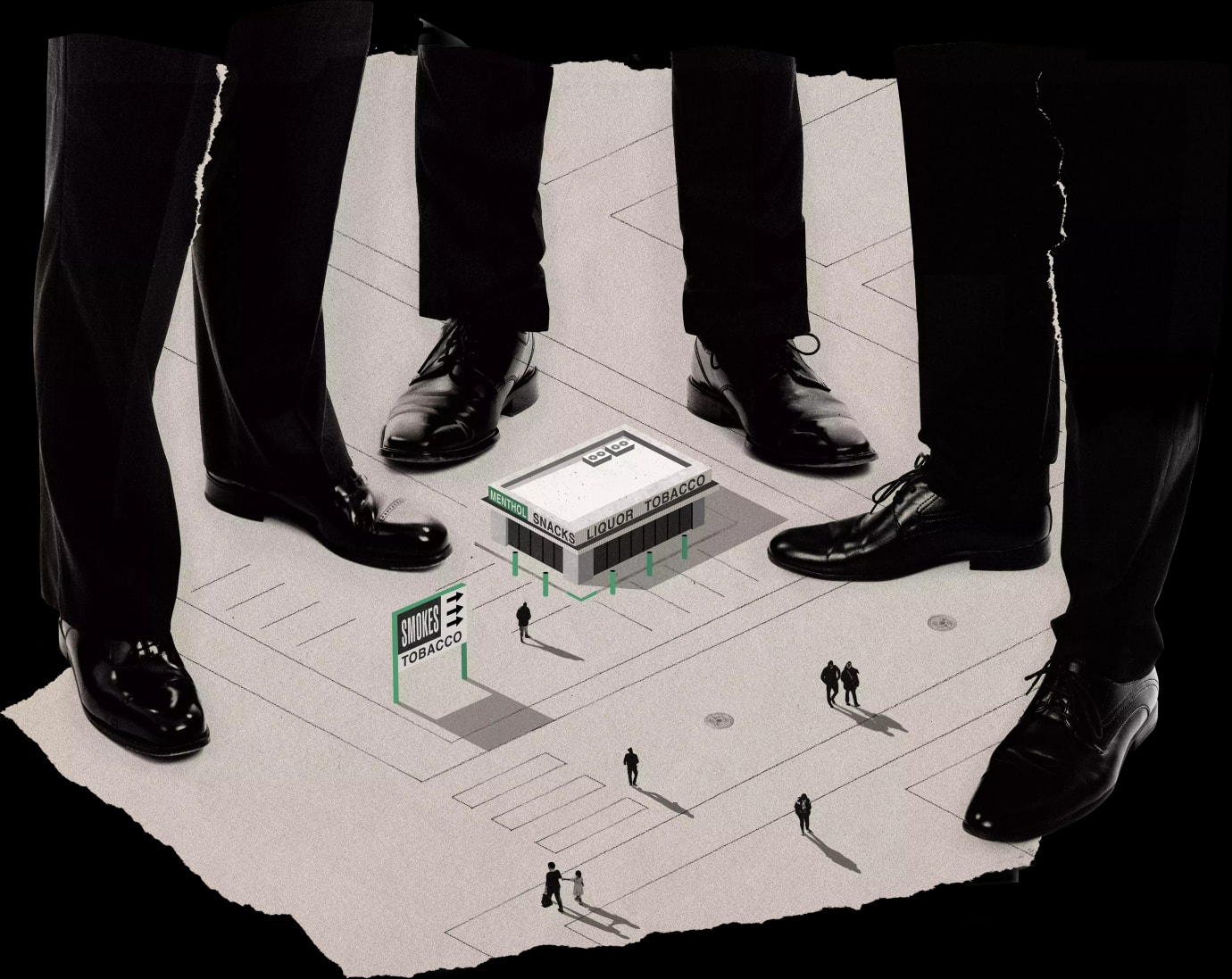 Oversized image of legs in shoes and trousers over a small town