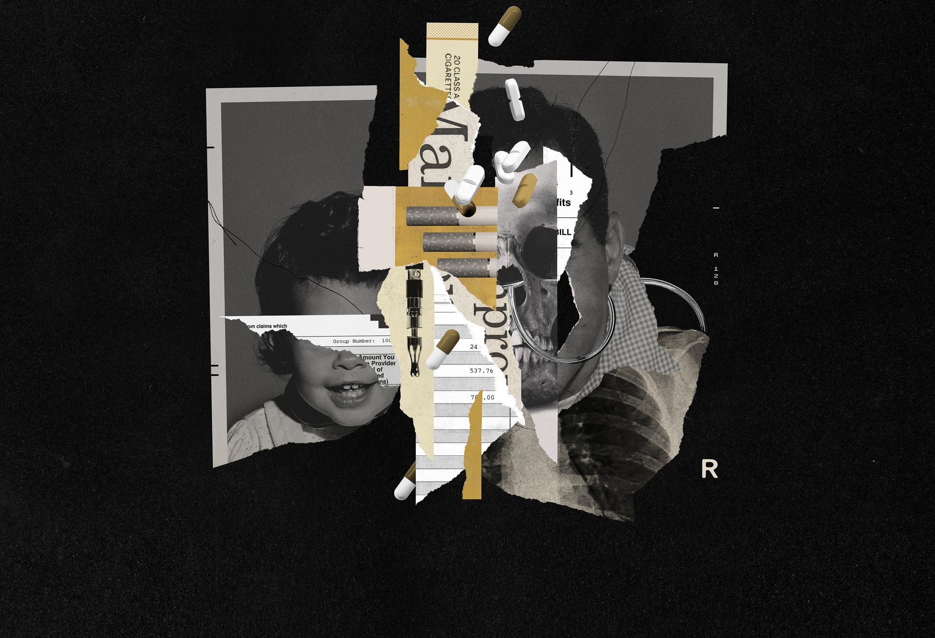 artistic collage of paper elements representing Big Tobacco's toll on our lives