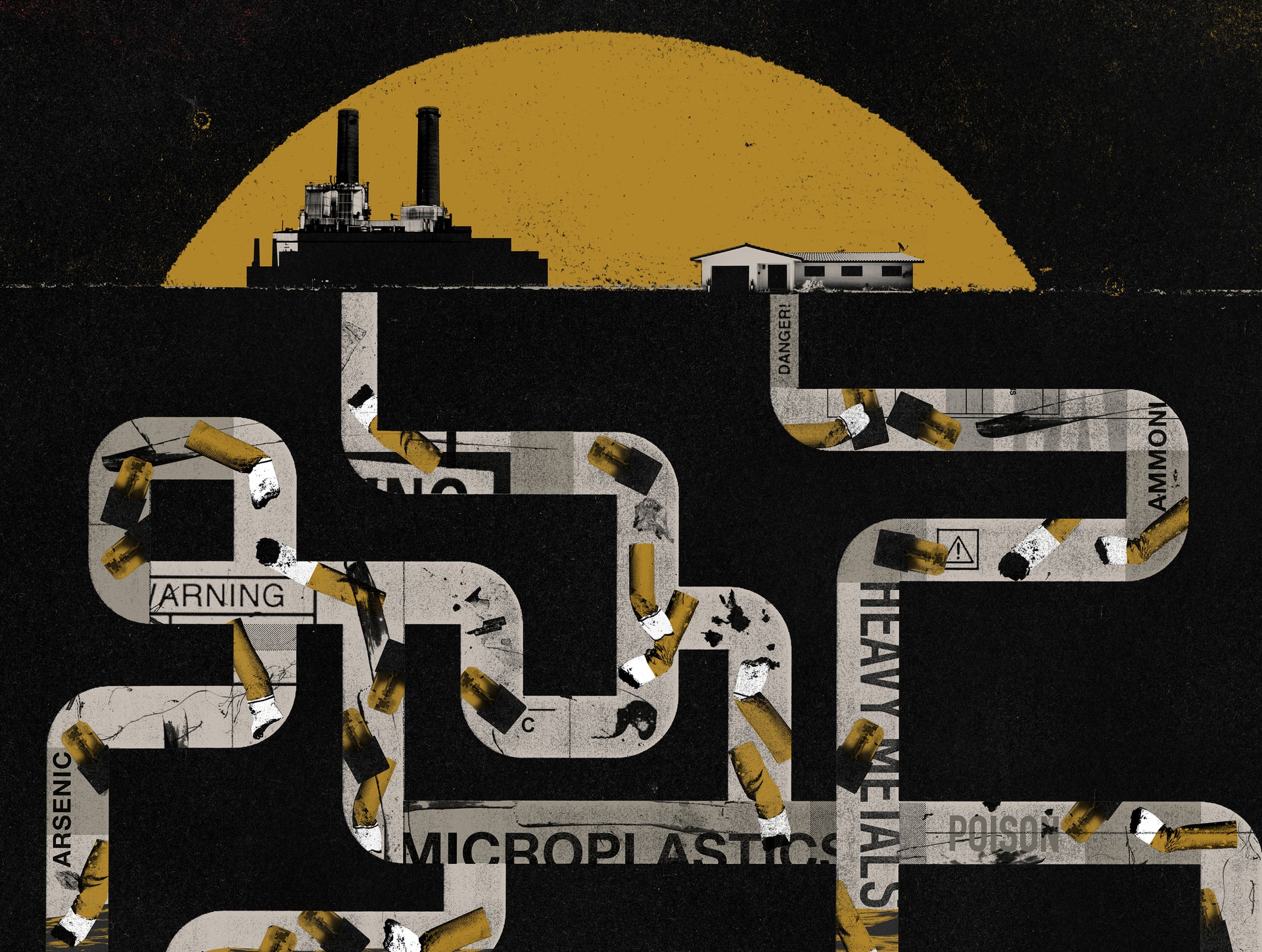 Artistic rendering of a factory, a home, and a pipeline of dangerous tobacco products linking them