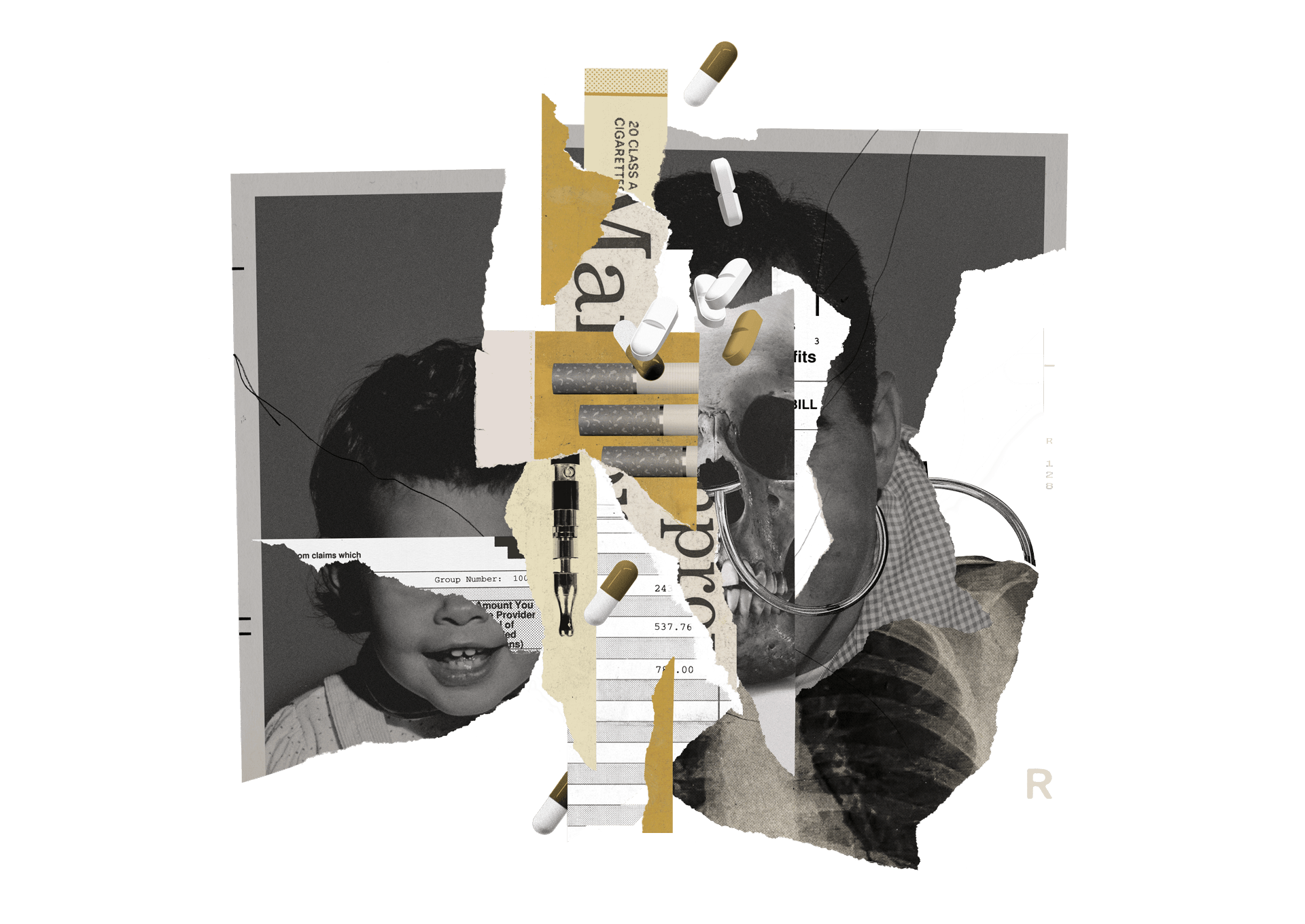 Child and parent image ripped and overlayed with cigarette imagery