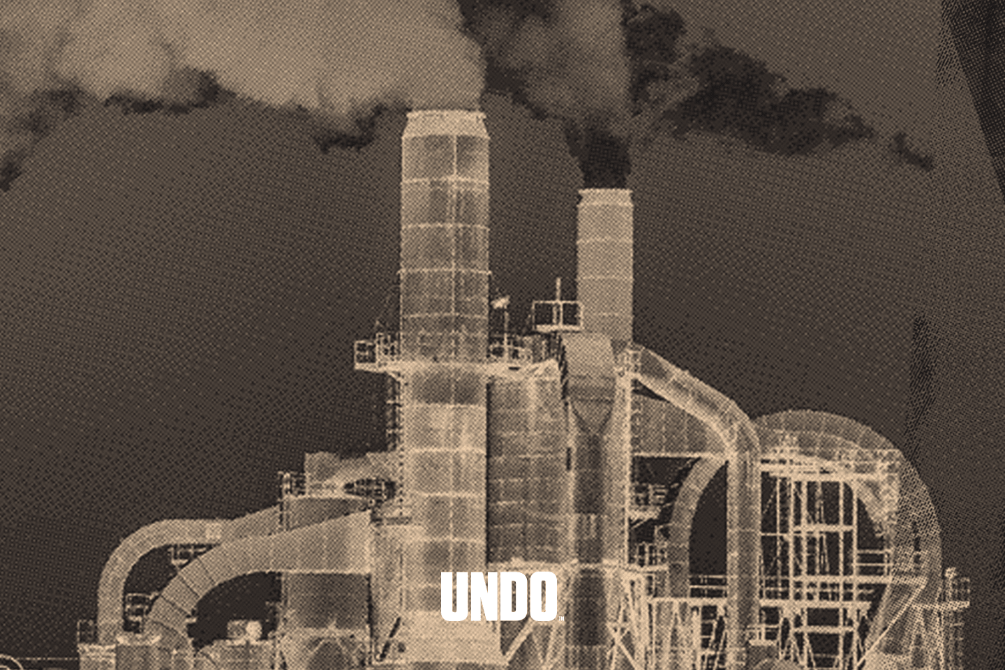 An artistic rendering of a factory billowing smoke