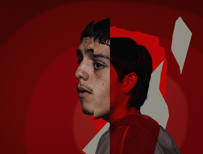 A distorted portrait image of a young male